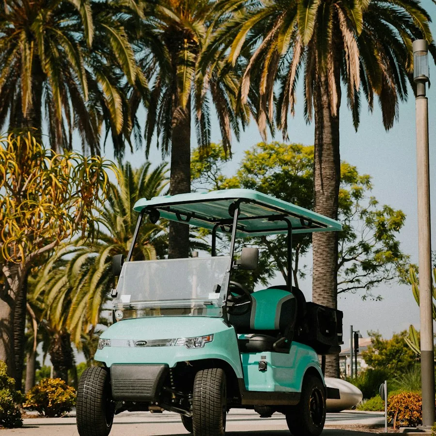 Teal golf cart parked under palm trees